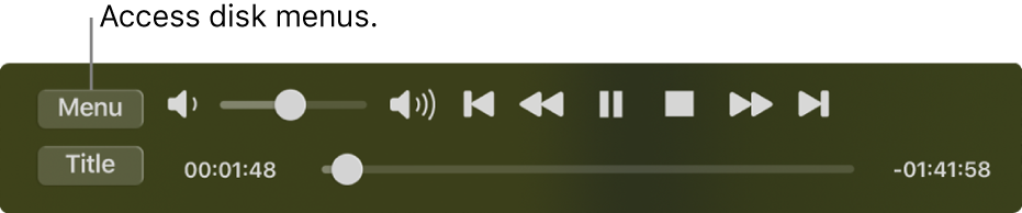 The Menu button is in the top-left corner of the DVD Player playback controls. Click the Menu button to access the disc menus.