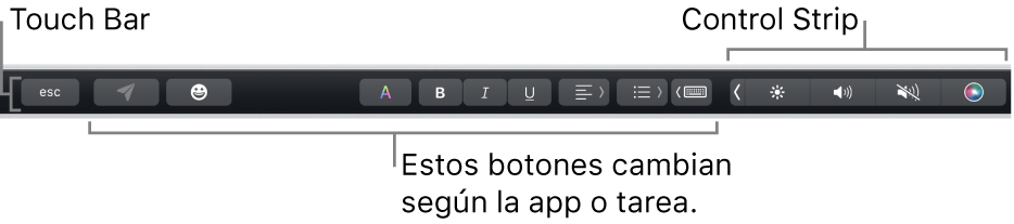 La Touch Bar en la parte superior del teclado, con la Control Strip contraída a la derecha y otros botones que varían en función de la app o tarea.