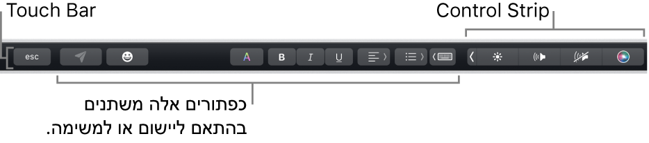 ה‑Touch Bar בחלק העליון של המקלדת, עם ה-Control Strip בפריסה מכווצת בצד ועם כפתורים שמשתנים בהתאם ליישום או למשימה.