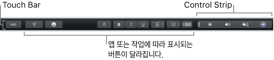 키보드 상단에 펼쳐진 Touch Bar와 오른쪽에 축소되어 표시된 Control Strip, 앱 또는 작업별로 달라지는 버튼.
