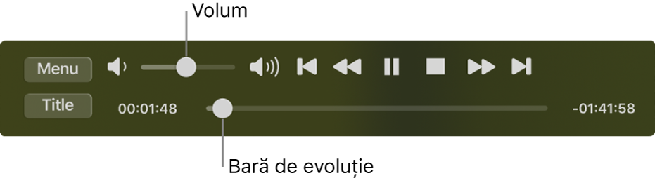 Comenzile de redare DVD Player, cu glisorul de volum în partea din stânga sus și cronologia în partea de jos. Trageți mânerul de progres din cronologie pentru a accesa un loc diferit din film.