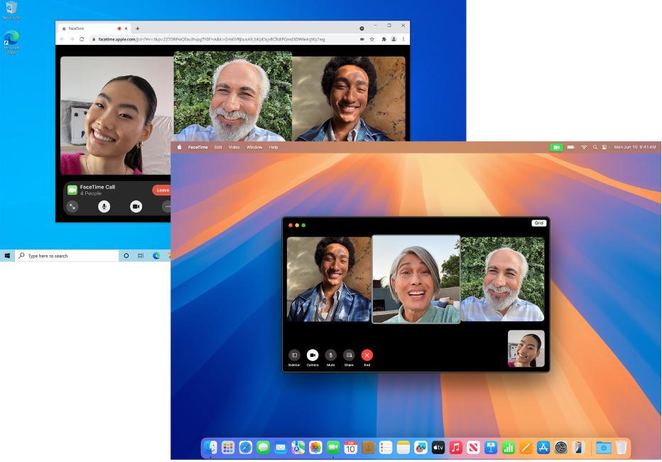 A MacBook Pro with a FaceTime group call in session. Behind it, a PC with a FaceTime on the web group call in session.