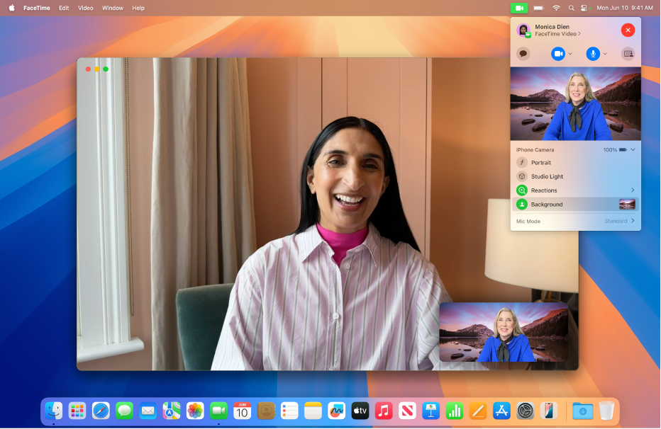 A FaceTime window showing a video call. The caller has the Background option selected in the audio and video controls at the top of the screen, and they’re using a mountain landscape as their background.