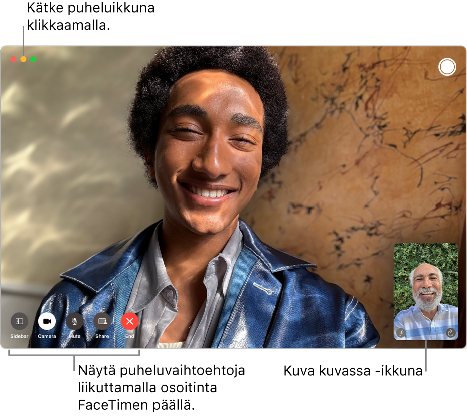 Siirrä osoitin FaceTime-ikkunan päälle nähdäksesi Sivupalkki-, Kamera-, Mykistä-, Näytönjako-, Lopeta puhelu- ja Live Photo ‑painikkeet. Kätke puheluikkuna klikkaamalla keskimmäistä painiketta puheluikkunan vasemmassa yläkulmassa. Kuva kuvassa -ikkuna tulee näkyviin oikeaan alakulmaan.