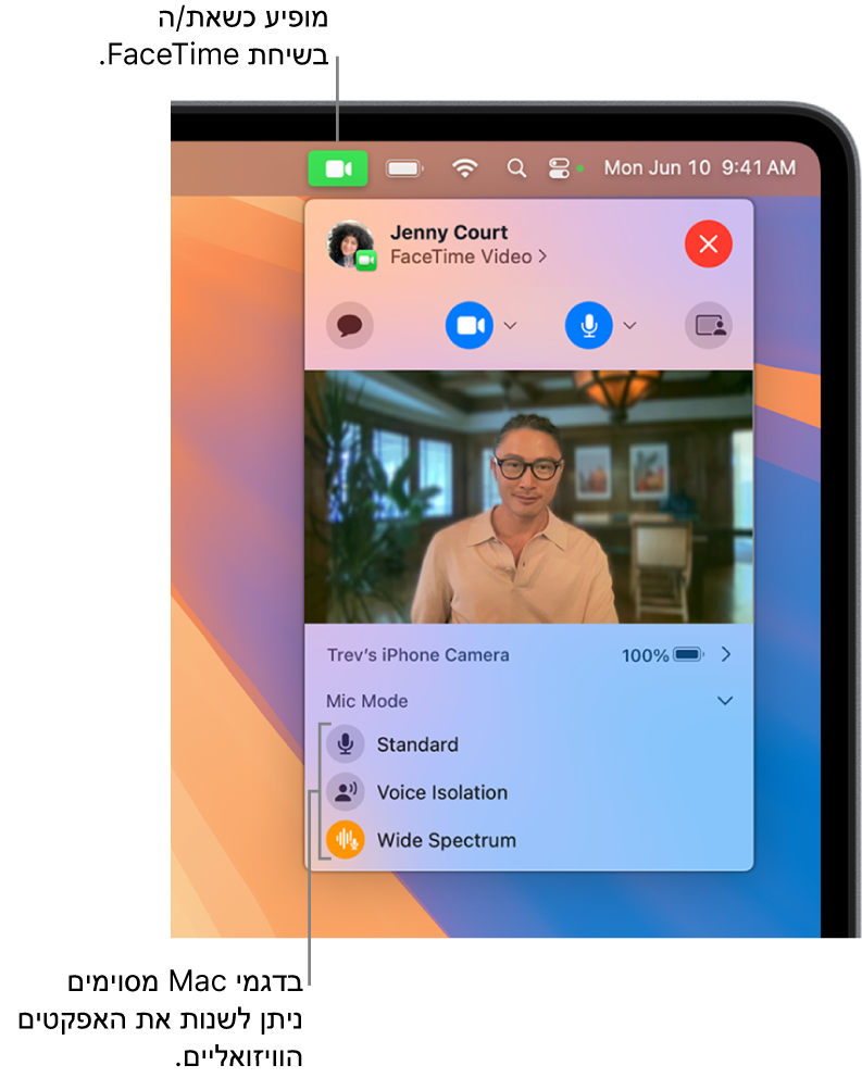 ״מרכז הבקרה״ בפינה השמאלית העליונה של מסך ה‑Mac, מציג את הכפתור ״וידאו״ (שמופיע במהלך שיחת FaceTime) ואת אפשרויות ״מצב מיקרופון״ (שמשנות את אפקטי הקול, בהתאם לדגם של ה‑Mac).