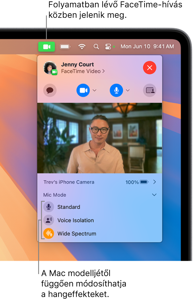 A Mac képernyőjének jobb felső sarkában található Vezérlőközpont a Videó gombbal (ez akkor jelenik meg, ha FaceTime-hívásban van) és a Mikrofonmód beállításaival (amelyekkel a Mac modelljétől függően módosíthatja a hangeffekteket).