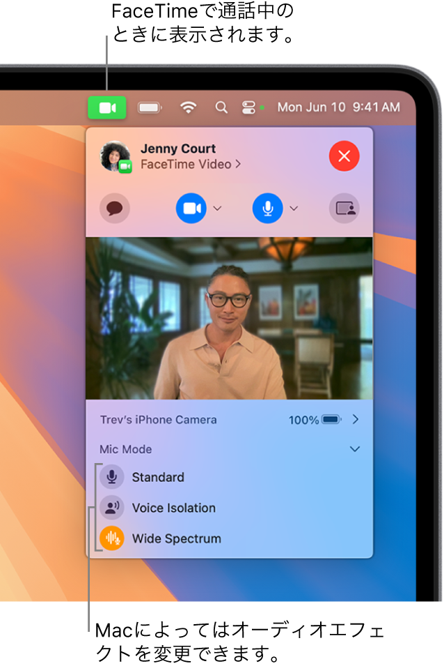 Macの画面の右上隅にあるコントロールセンター。「ビデオ」ボタン（FaceTime通話中に表示されます）や、「マイクモード」オプション（お使いのMacに応じて、オーディオエフェクトを変更します）が表示されています。