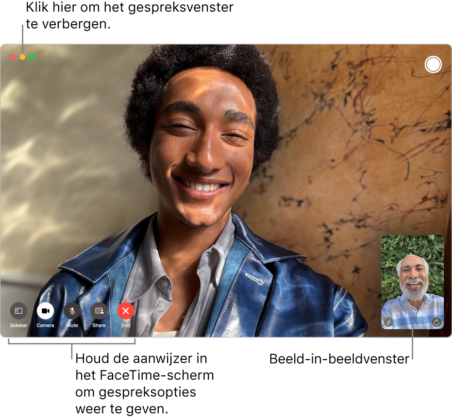 Plaats de aanwijzer op het FaceTime-venster om de knoppen te zien voor de navigatiekolom, 'Camera', Geluid uit', 'Schermdeling', 'Hang op' en 'Live Photo'. Klik linksboven op de middelste knop om het gespreksvenster te verbergen. Het beeld-in-beeldvenster wordt rechtsonder weergegeven.