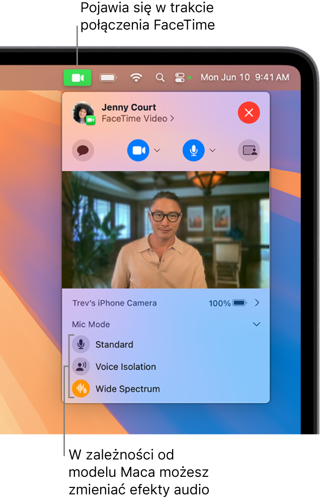 Centrum sterowania w prawym górnym rogu ekranu Maca. Widoczny jest przycisk wideo (wyświetlany podczas połączenia FaceTime) oraz opcje trybu mikrofonu (pozwalające zmieniać efekty wideo i dźwięku, zależnie od modelu Maca).