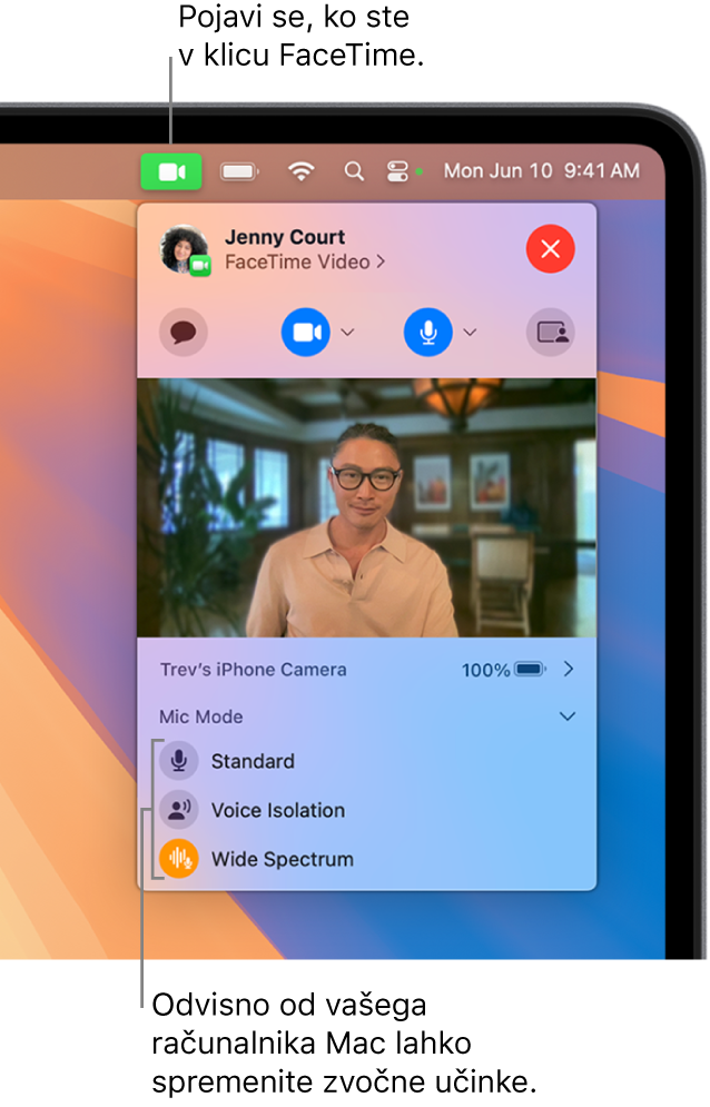 Nadzorno središče v zgornjem desnem kotu Macovega zaslona, ki prikazuje gumb Video (prikazan med klicem FaceTime) in možnosti Načina mikrofona (ki spremenijo zvočne učinke glede na Mac).