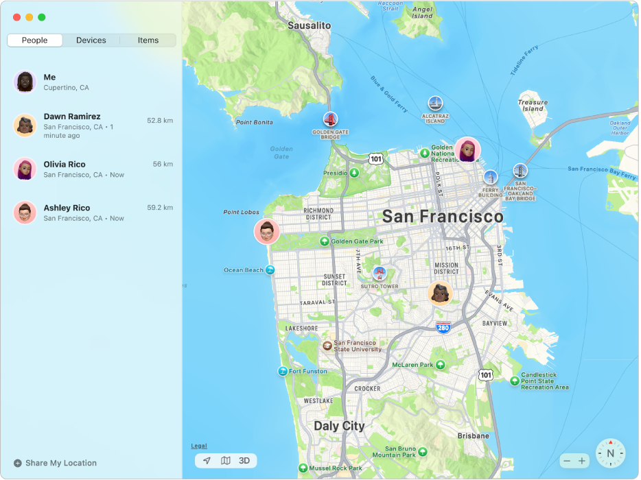 The Find My app showing a list of friends in the sidebar and their locations on a map.