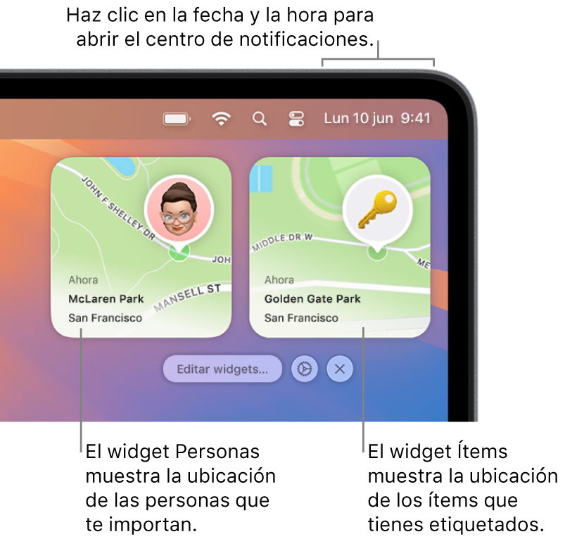 Dos widgets de Buscar: el de Personas, que muestra la ubicación de una persona, y el de Objetos, que muestra la ubicación de una llave. Haz clic en la fecha y la hora de la barra de menús para abrir el centro de notificaciones.