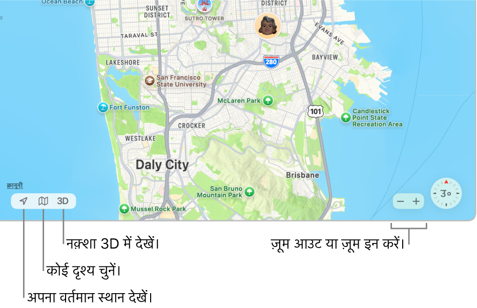 नक़्शे पर लोगों का स्थान दिखाती Find My विंडो का दृश्य निचले-बाएँ कोने में, अपना वर्तमान स्थान देखने के लिए बटन का उपयोग करें, दृश्य चुनें और 3D में नक़्शा देखें। निचले-दाएँ कोने में, नक़्शा पर ज़ूम इन या ज़ूम आउट करने के लिए ज़ूम बटन का उपयोग करें।