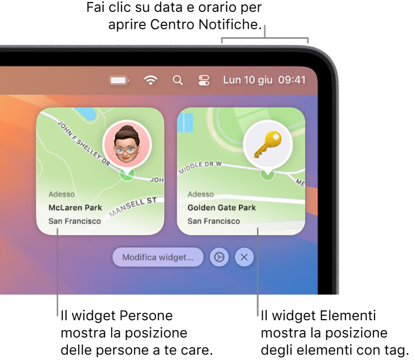 Due widget di Dov’è: un widget Persone che mostra la posizione di una persona e il widget Oggetti che mostra la posizione di una chiave. Fai clic su data e ora nella barra dei menu per aprire Centro Notifiche.