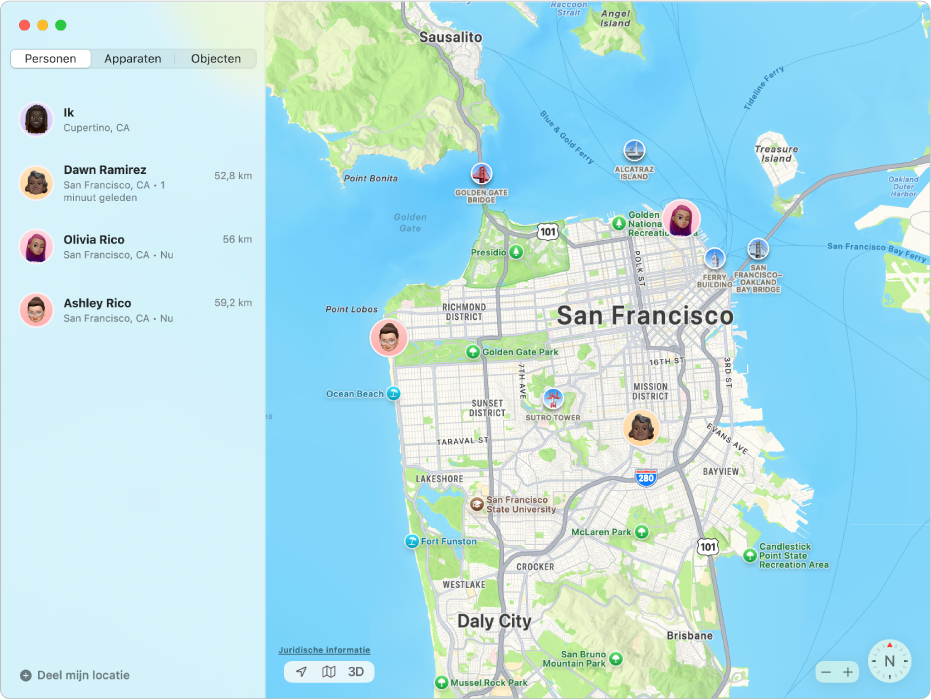 De app Zoek mijn met in de navigatiekolom een lijst met vrienden en op de kaart hun locaties.