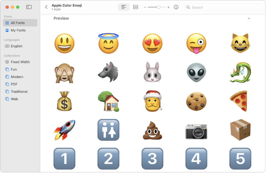 Finestra del Catàleg Tipogràfic que mostra una previsualització del tipus de lletra Apple Color Emoji.