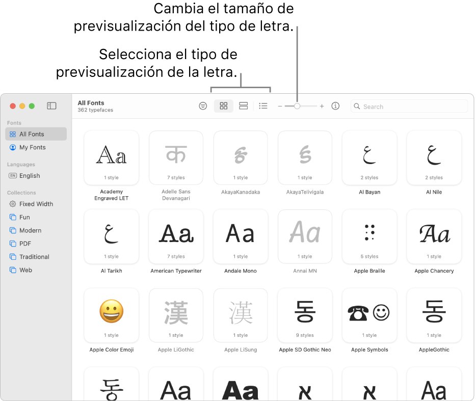 La ventana de Catálogo Tipográfico con la barra de herramientas que muestra botones para seleccionar el tipo de previsualización del tipo de letra y un regulador vertical para cambiar el tamaño de la previsualización.