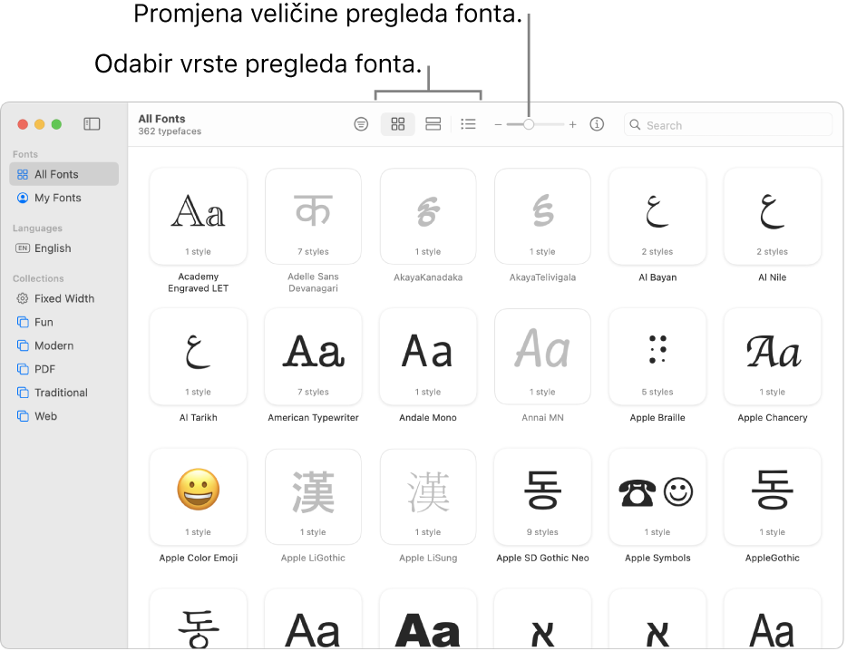 Prozor Knjige fontova s alatnom trakom na kojoj se prikazuju tipke za odabir pregleda vrste fonta i vertikalnim kliznikom za promjenu veličine pregleda.