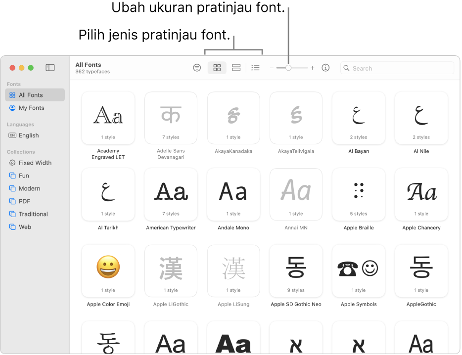 Jendela Buku Font dengan bar alat menampilkan tombol untuk memilih jenis pratinjau font dan penggeser vertikal untuk mengubah ukuran pratinjau.
