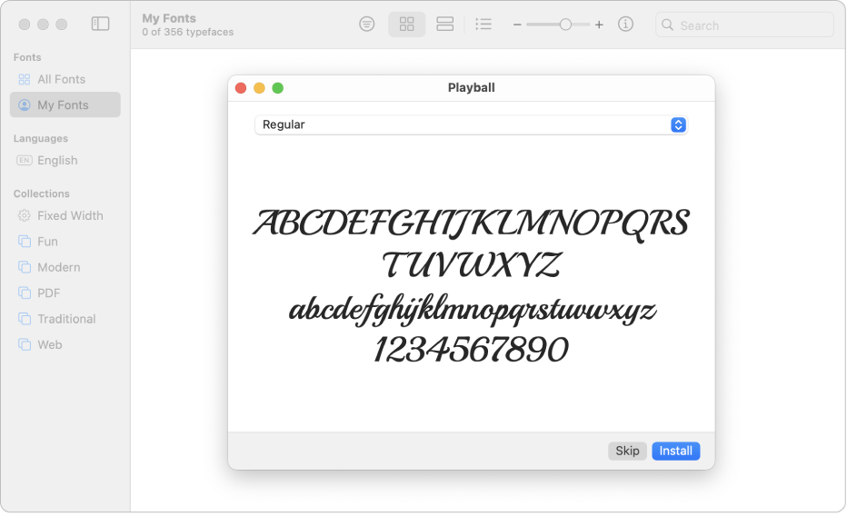 Jendela Buku Font menampilkan dialog untuk menginstal font.