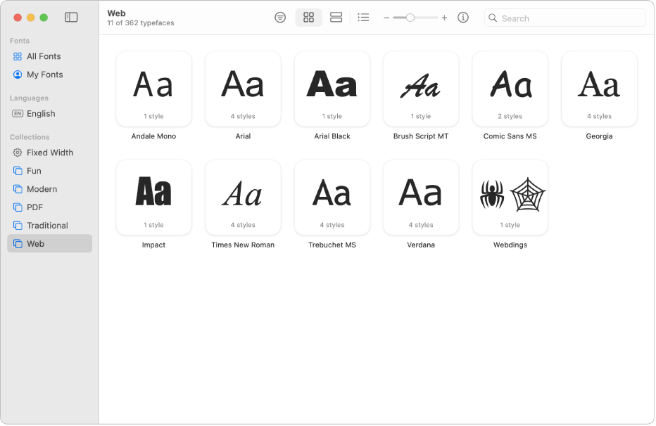 La finestra di Libro Font che mostra la raccolta Web selezionata nella barra laterale.