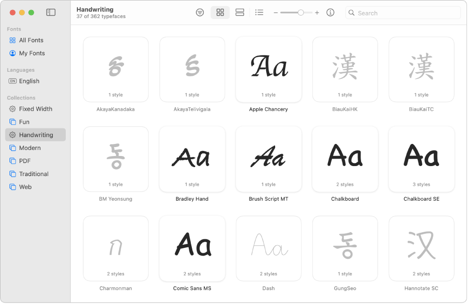 Het venster van Lettertypecatalogus met de lettertypen in de lettertypeset 'Handschrift'.