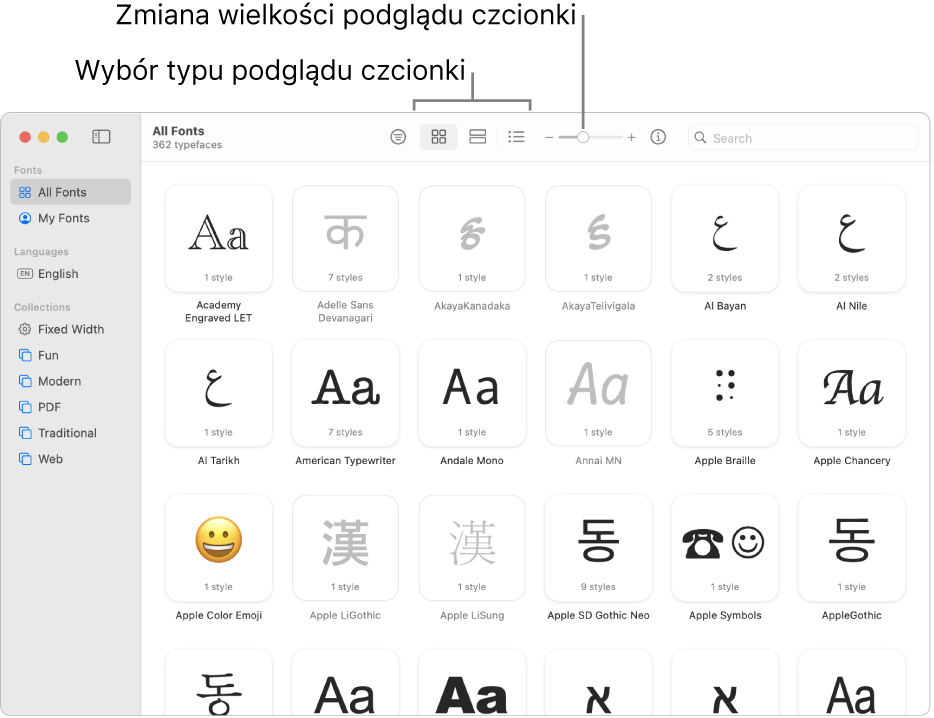 Okno Albumu z czcionkami, zawierające pasek narzędzi z przyciskami wyboru typu podglądu czcionki oraz pionowy suwak zmiany wielkości podglądu.