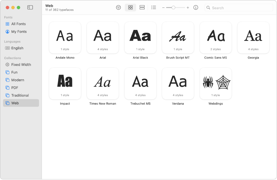 Fereastra Font Book afișând colecția Web selectată în bara laterală.