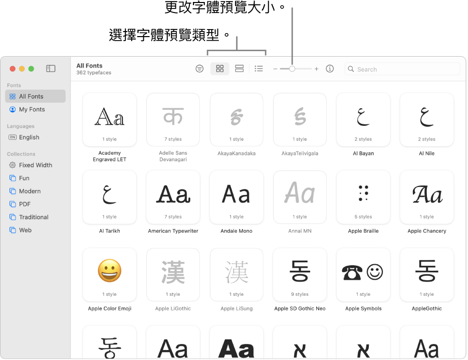 「字體簿」視窗，其中的工具列顯示可選擇字體預覽類型的按鈕和側邊欄可更改預覽大小的垂直滑桿。
