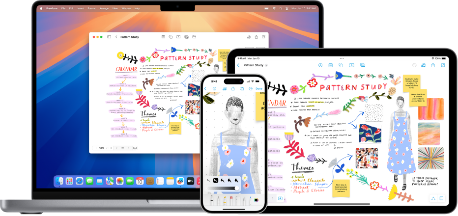 Un Mac, un iPad et un iPhone sur lesquels le même tableau Freeform est ouvert.