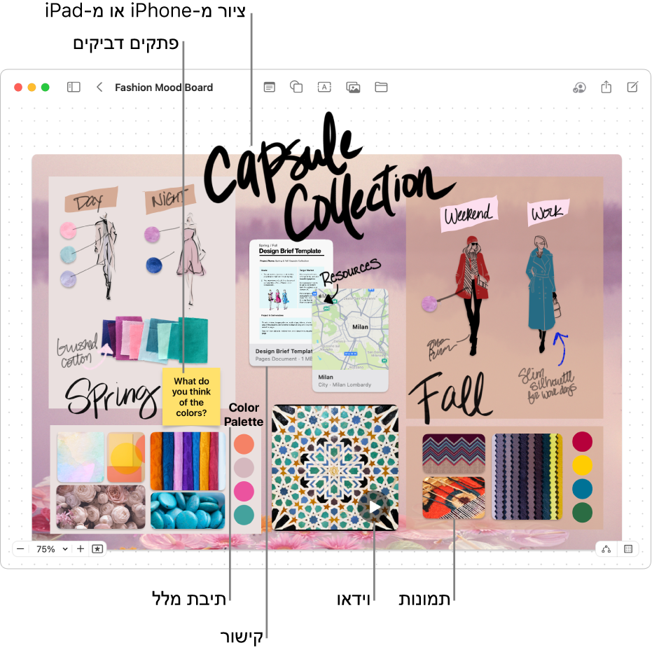 לוח Freeform שמכיל מגוון פריטים, כגון ציור מ-iPhone או מ-iPad, פתק נדבק, קישור, תיבת מלל, סרטון וכמה תמונות.