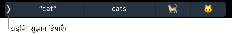 शब्द और ईमोजी दिखाते टाइपिंग सुझाव और टाइपिंग सुझावों को छिपाने के लिए बाईं ओर स्थित बटन।