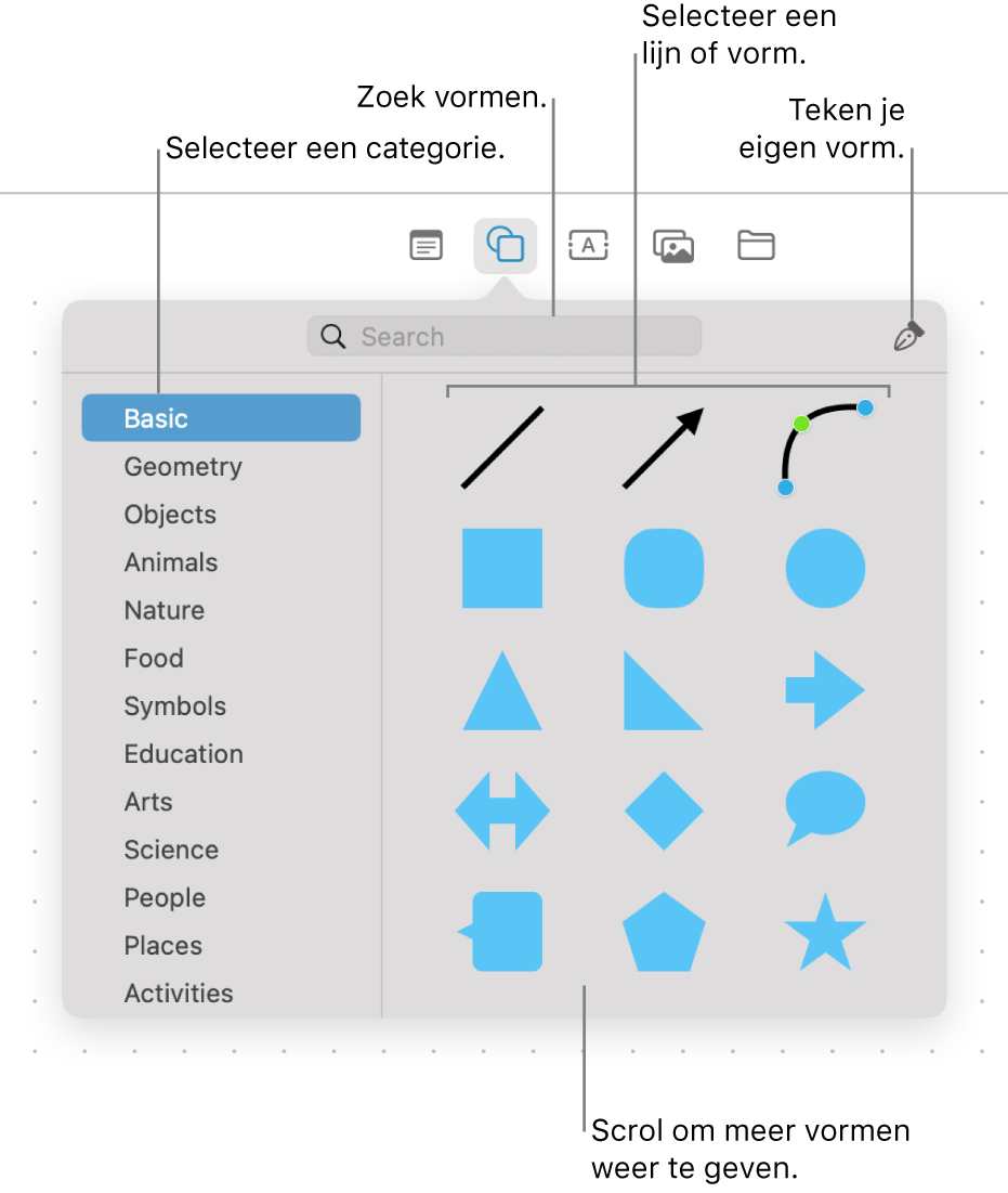 De vormenbibliotheek, met bovenaan een zoekveld, links een lijst met categorieën en rechts een verzameling vormen. Selecteer een vorm in de verzameling, scrol om meer vormen te zien of teken je eigen vorm met de pen.
