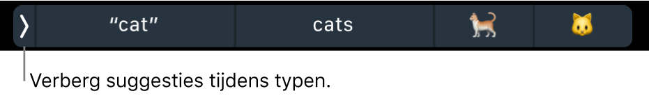 Suggesties voor woorden en emoji's, met aan de linkerkant de knop om de suggesties tijdens het typen te verbergen.