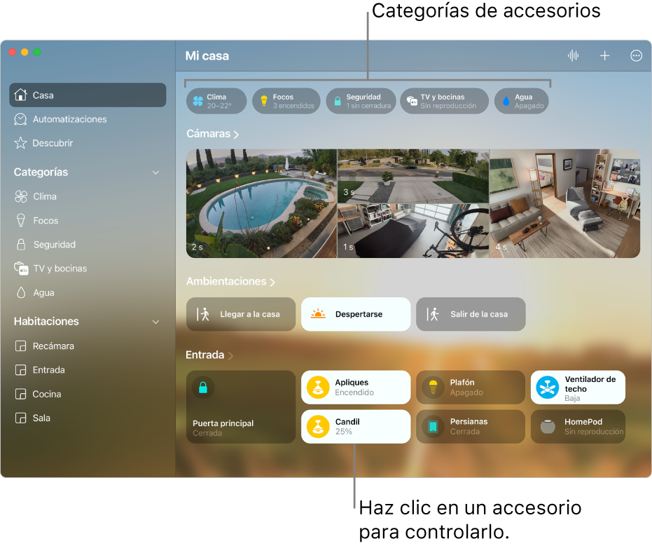 La pantalla de inicio mostrando las categorías de accesorios en la parte superior, seguidas de contenidos de cámaras, mosaicos de ambientaciones y mosaicos de accesorios en la habitación Entrada.