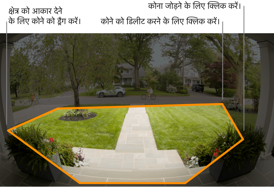 प्रवेश द्वार पर कैमरा दृश्य, जो कि घर के प्रवेश क्षेत्र के आसपास निर्धारित की गई ऐक्टिविटी ज़ोन दिखाता है।