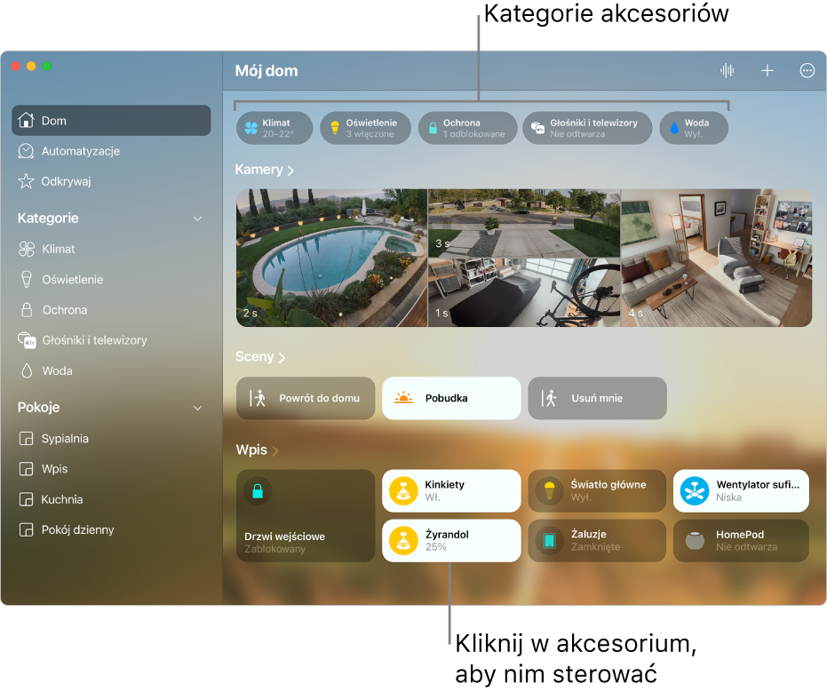 Ekran Dom wyświetlający kategorie akcesoriów u góry, a następnie obraz z kamer, kafelki scen i kafelki akcesoriów w pokoju „Wejście”.