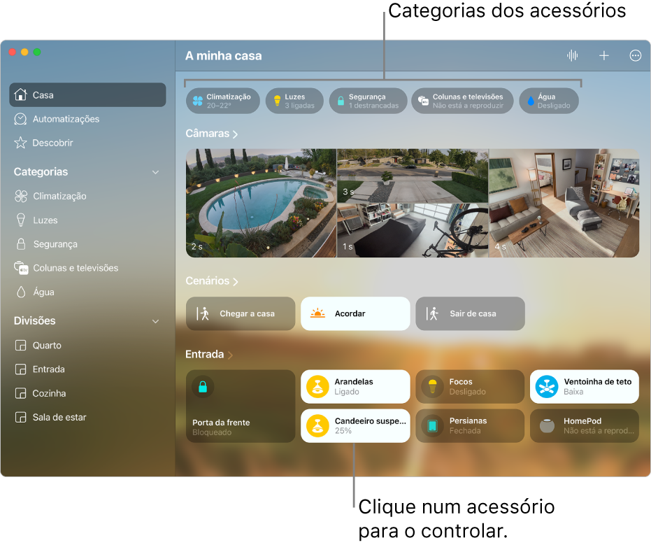 O ecrã inicial a mostrar categorias de acessórios ao longo da parte superior, seguidas de feeds da câmara, mosaicos de cenários e mosaicos de acessórios na divisão “Entrada”.