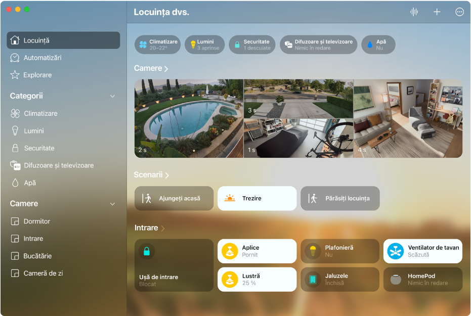 Ecranul Locuință afișând categoriile de accesorii de‑a lungul părții de sus, urmate de fluxurile de la camere, ferestrele scenariilor și ferestrele accesoriilor din camera “Intrare”.