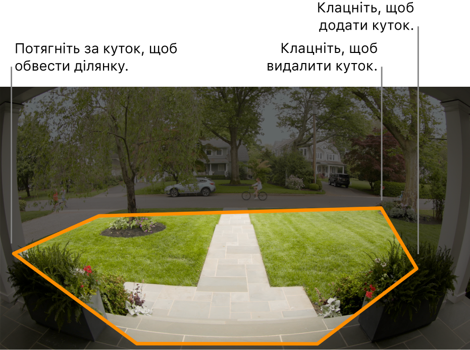 Вид з камери на вхід, у якому показано окреслену зону активності навколо парадного двору.