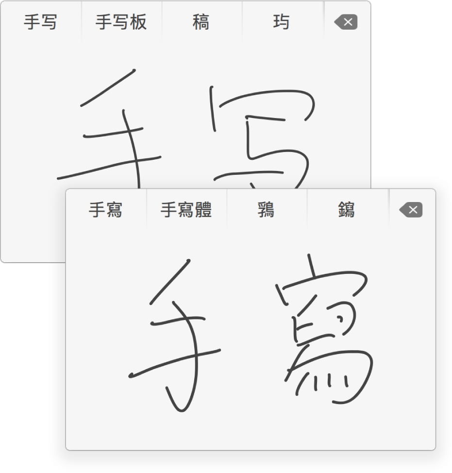 “手写输入”窗口在手写字符上方显示可能与“手写”匹配的简体中文（上）和繁体中文（下）字符。