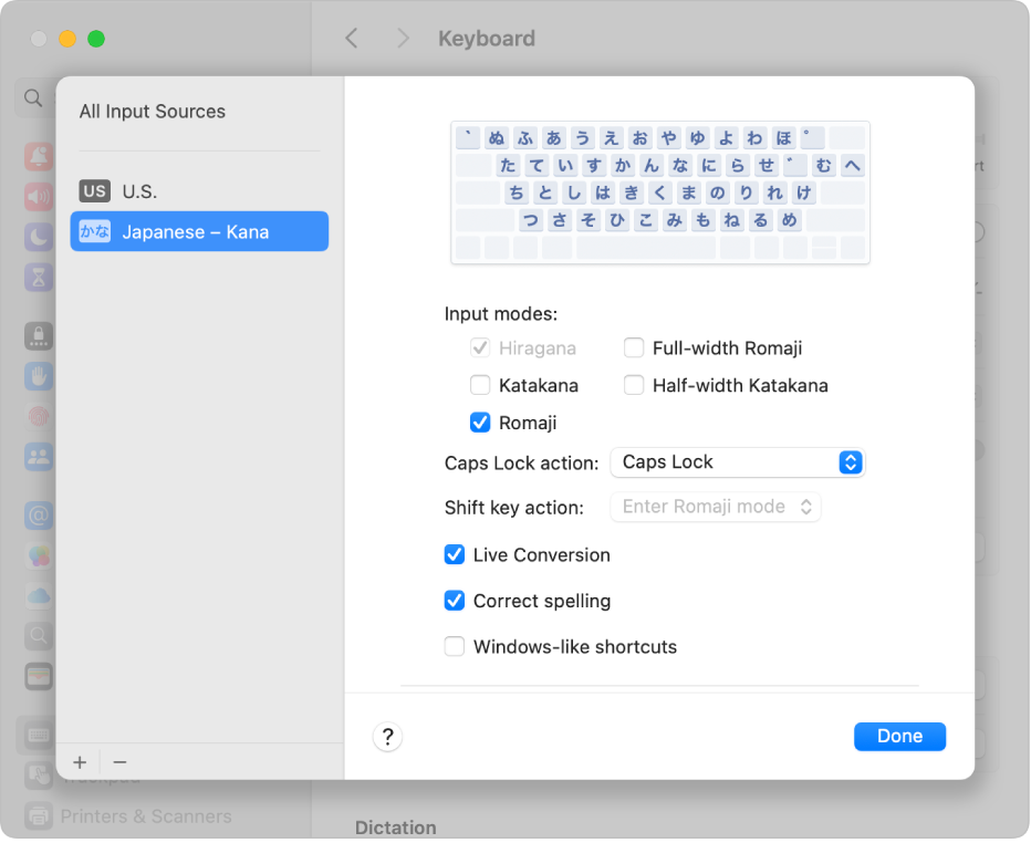 The Input Sources settings dialog, where you can add or remove input sources for different languages (U.S. and Japanese – Romaji are shown in the list on the left) and select other options.