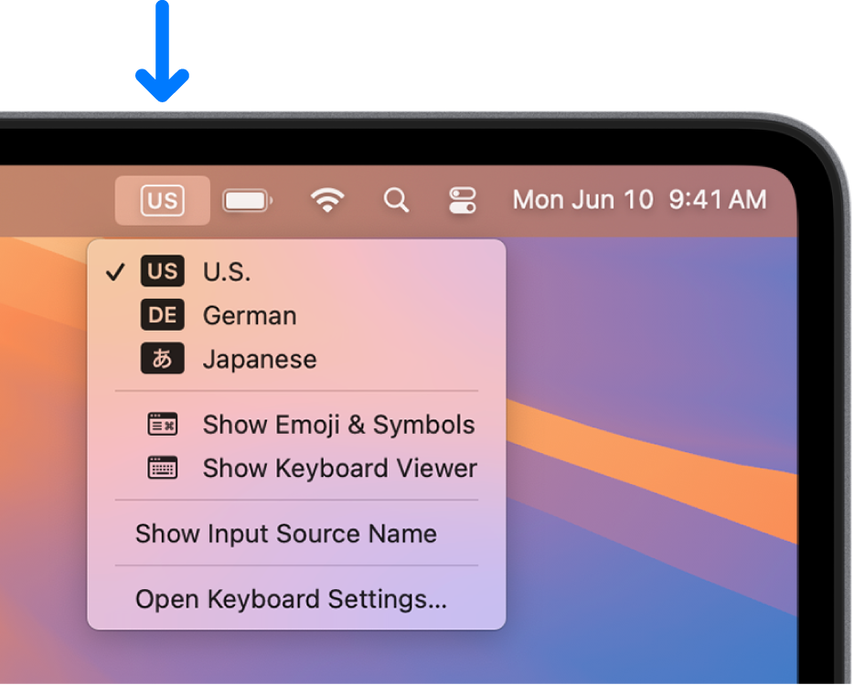 The right side of the menu bar. The Input menu is open and shows input sources like German and Japanese and other options like Show Emoji & Symbols.