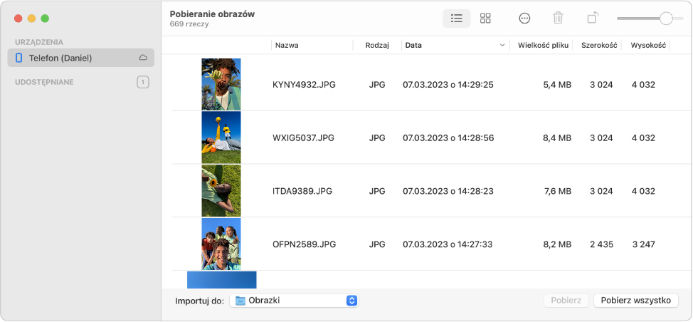 Okno aplikacji Pobieranie obrazów, wyświetlające zdjęcia przeznaczone do zaimportowania z iPhone'a.