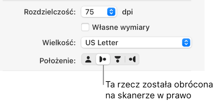 Przyciski Orientacja w oknie skanera. Podświetlony przycisk wskazuje, że rzecz została obrócona w prawo na skanerze.