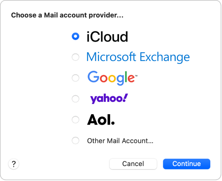 Dialogové okno umožňující volbu typu účtu, ve kterém je zobrazena nabídka účtů iCloud, Microsoft Exchange, Google, Yahoo, AOL a Jiného účtu Mailu.