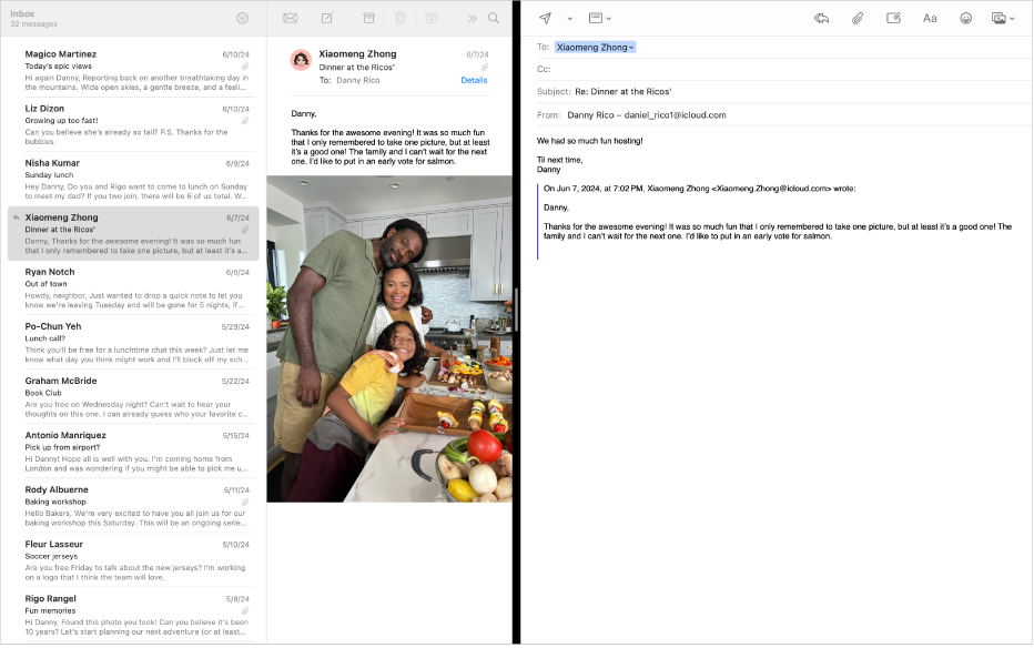 Split View mit der E-Mail-Liste neben dem Fenster zum Erstellen einer neuen Nachricht.