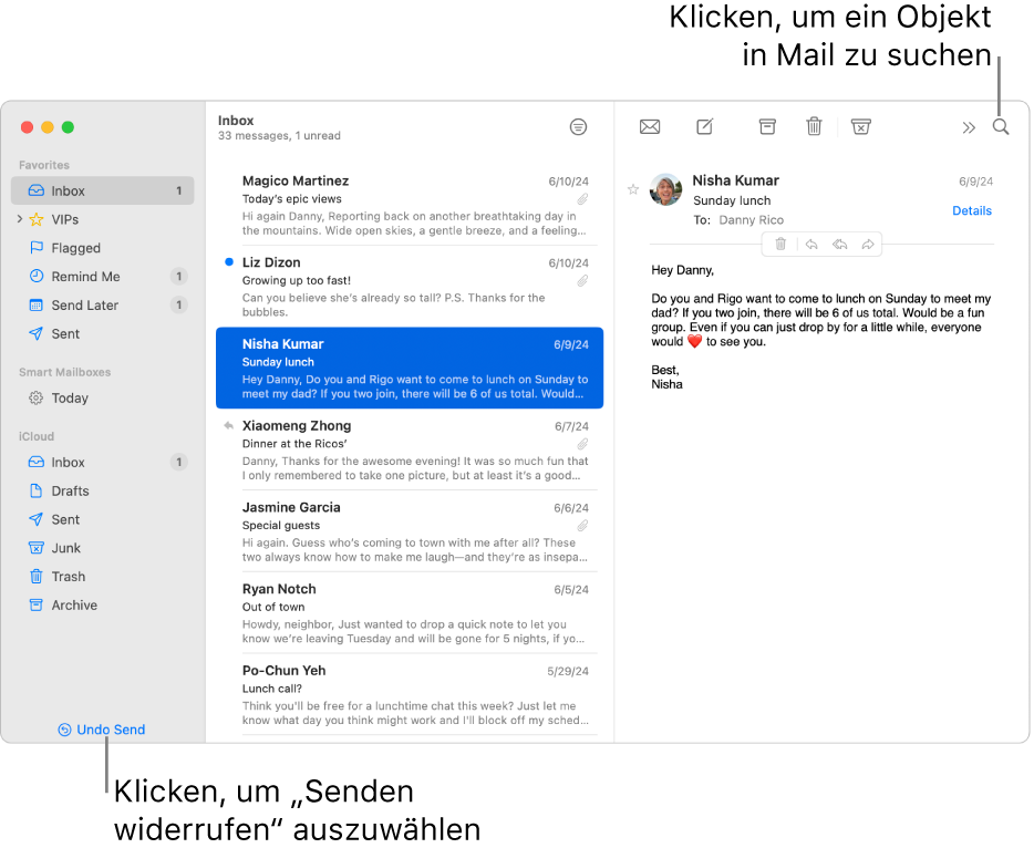 Ein Mail-Fenster mit der Seitenleiste links. Die Taste „Senden widerrufen“ befindet sich unten in der Seitenleiste.