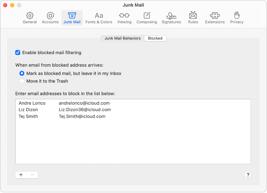 The Blocked pane in Mail settings showing a list of blocked senders. The tick box to enable blocked mail filtering is selected, as is the option to mark blocked mail but leave it in the Inbox upon arrival.