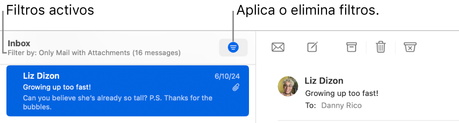 La ventana de Mail mostrando la barra de herramientas arriba de la lista de mensajes, donde Mail indica cuáles filtros están aplicados, como Sólo correos con adjuntos.